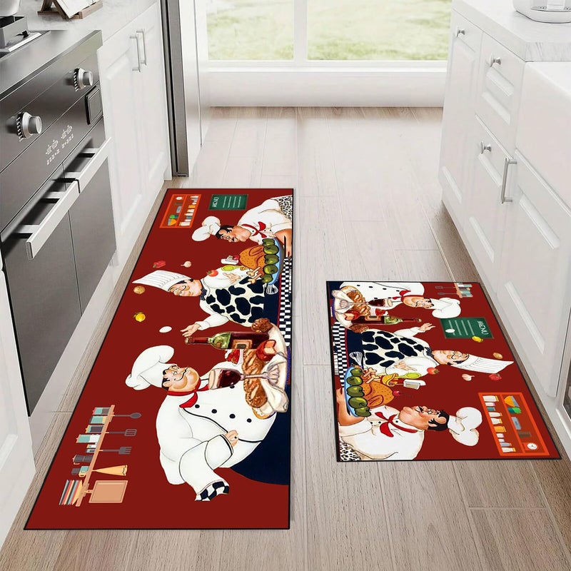 UYDOXCU 2 Piece Fat Chef Kitchen Rug Set, Red Modern Rustic Vintage Decor Kitchen Floor Mat, Non-Slip Absorbent and Washable Home Decoration Carpet 17 * 30+17 * 47 Inches - Image 3